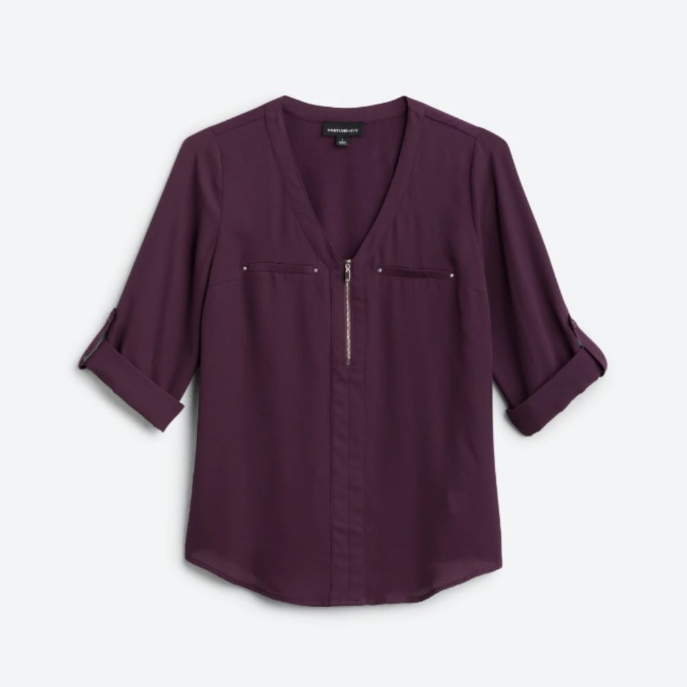 FORTUNE + IVY Rebekah Zipper Detail Mixed Material Blouse